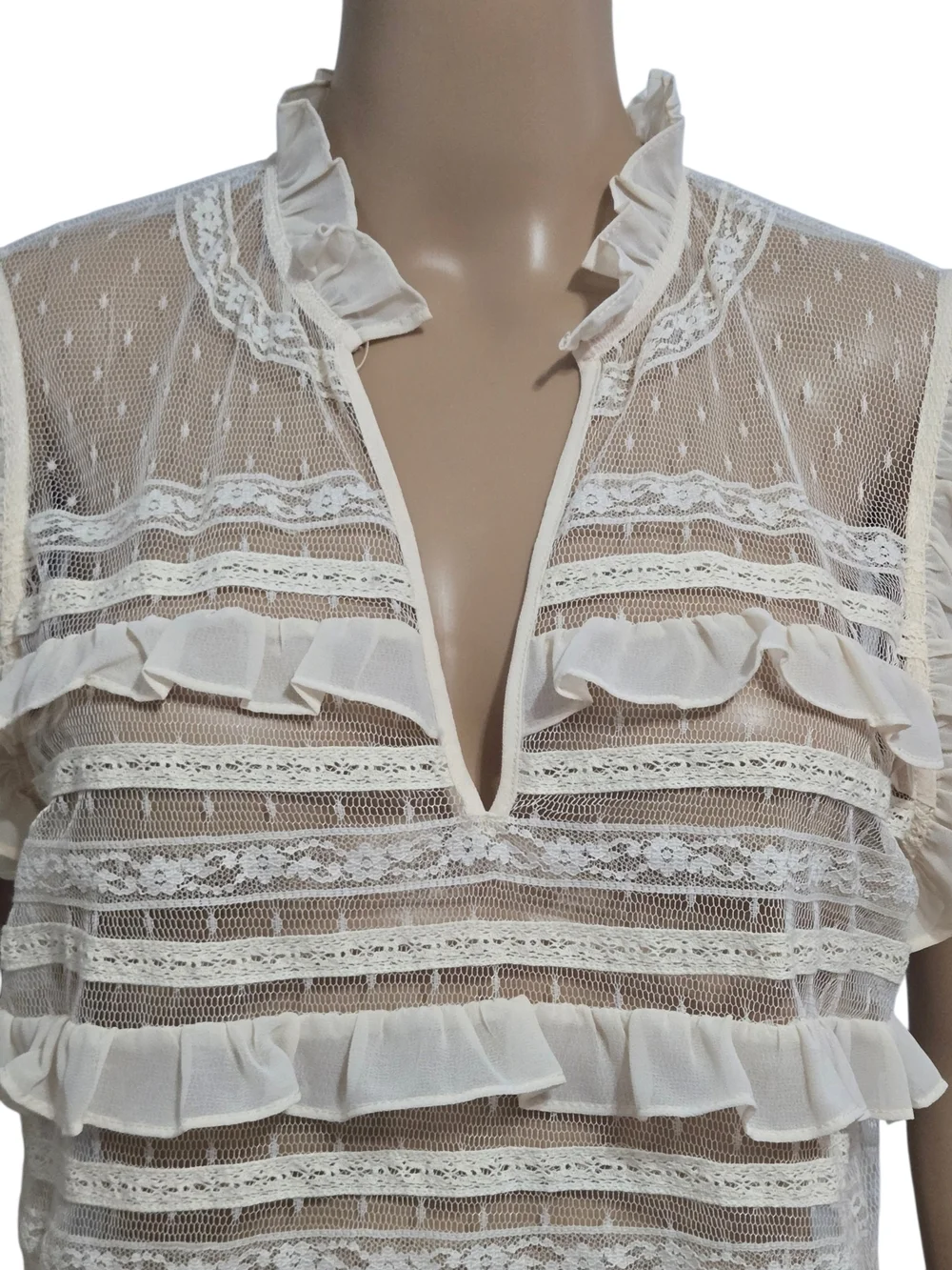Twinset Milano Cream Lace Ruffle Blouse Sheer Swiss Dot Sleeveless  Top US Small - Picture 5 of 8